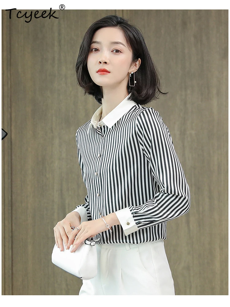 Tcyeek 2023 90% หม่อนผ้าไหมฤดูใบไม้ผลิผู้หญิงลายเสื้อTurn-DownคอยาวแขนยาวลําลองNicheเดินทางเสื้อT38502FD