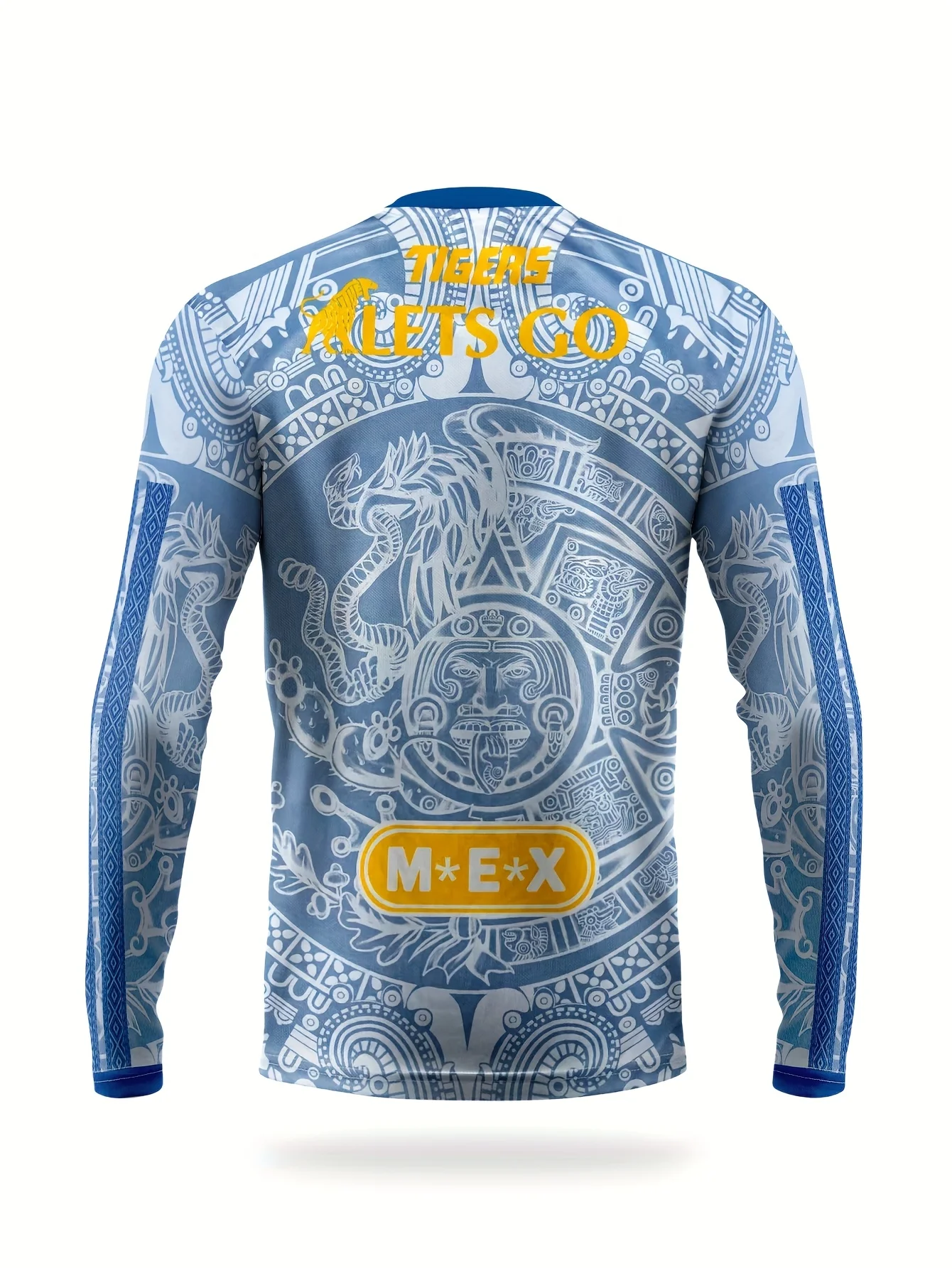 Mens Tiger Mexico Football Jersey Long Sleeve with Tiger Stripes and Aztec Design Great for Soccer Matches and Special Fan Gifts