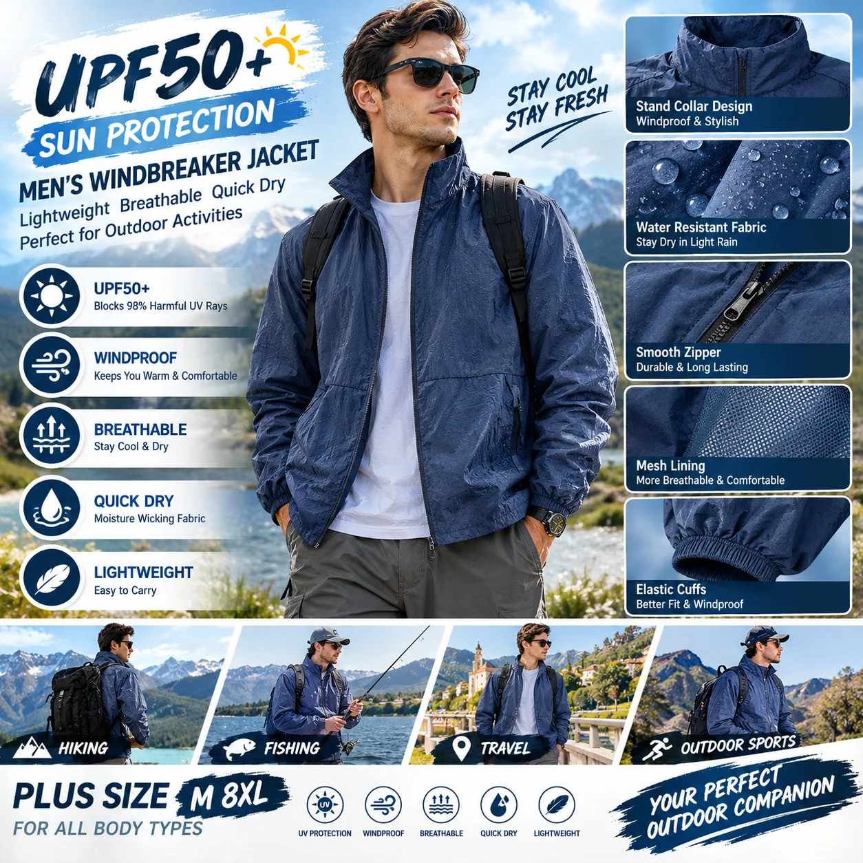 Men UPF50 Sun Protection windbreaker Jacket Summer UV Proof Breathable Fishing Shirt Ice Silk Quick Dry Outdoor Plus Size M 8XL