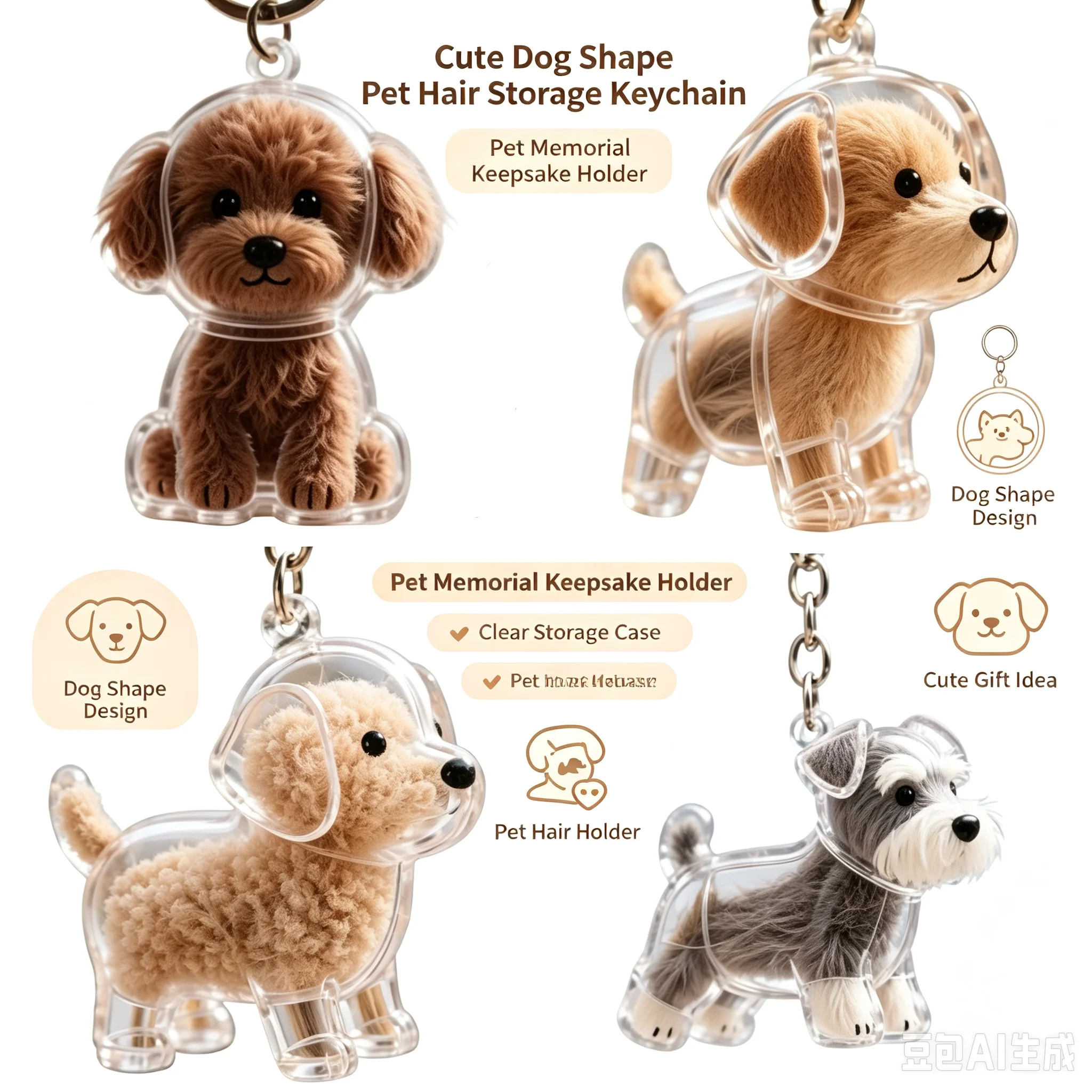 4pcs Cute Dog Shape Pet Hair Storage Keychain Transparent Pet Fur Whisker Memorial Pendant Keepsake Capsule Key Ring Gift