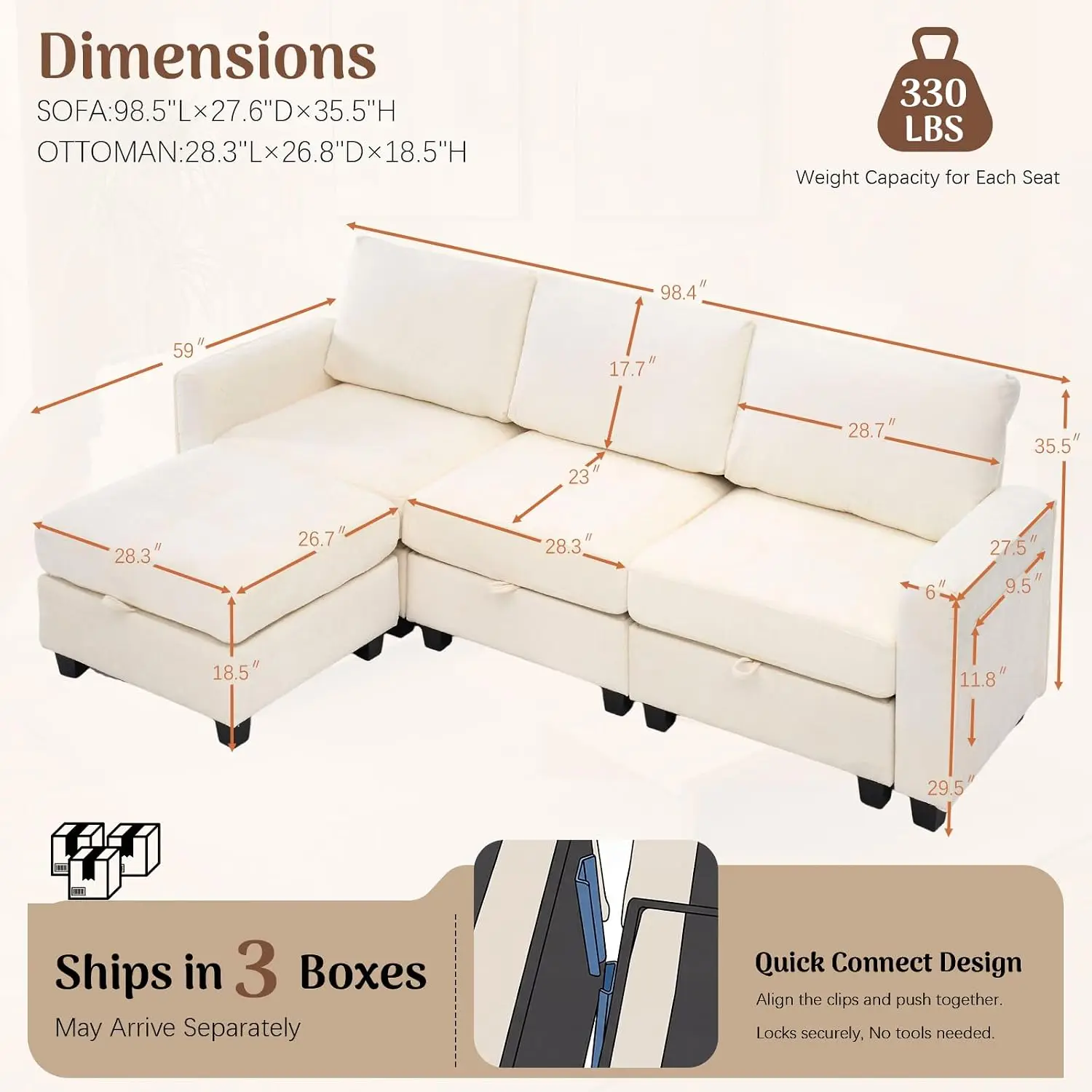 Modular Sectional Sofa With Ottoman, 4-Seater Chenille Fabric, 98