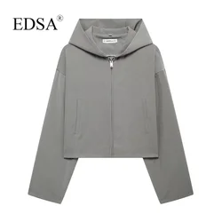 EDSA Women Hooded Jacket Spring and Autumn Cropped Coat Casual Female Solid Color Outwear