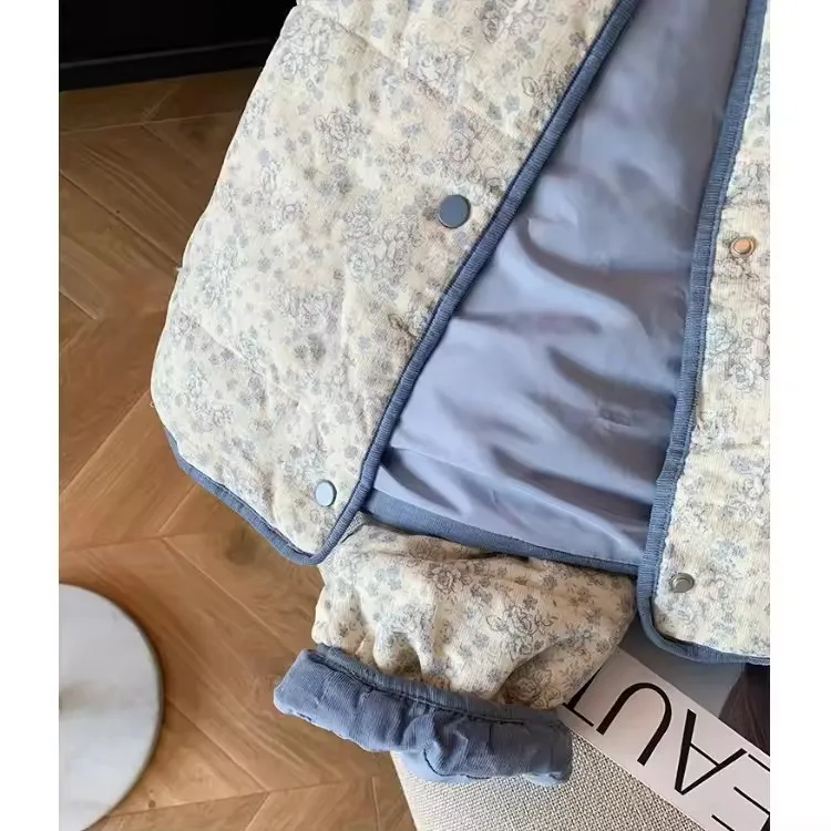 Coreano gola floral algodão jaqueta feminina outono inverno quente curto algodão acolchoado outerwear doce design azul topos