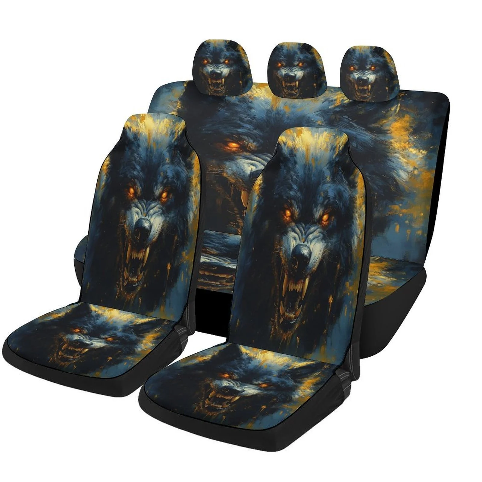 Fierce Wolf Roar Designed Car Seat Cover Set For Most Cars, Trendy Novelty High-quality Car Seat Protector Covers Full Set, Univ