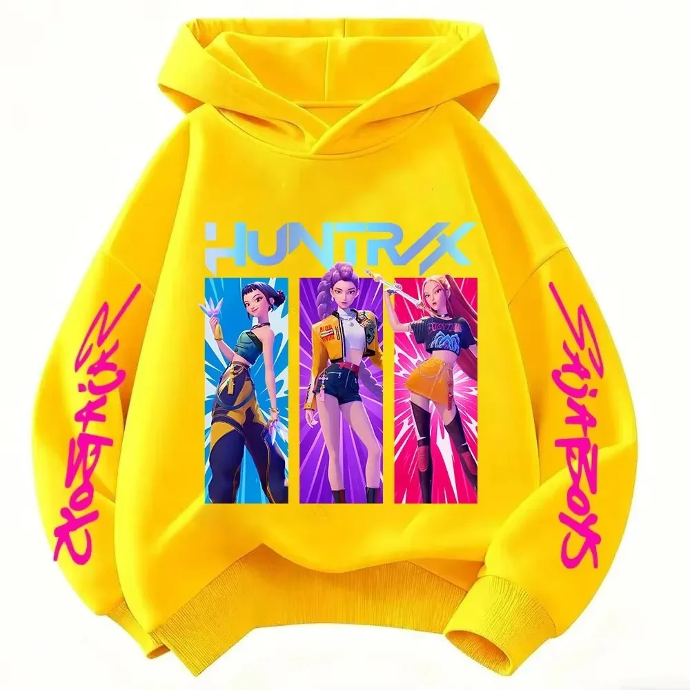 220g Schwerer Fleece-Wärmehoodie mit Anime-Huntrx-Motiv, Drei-Mädchen-Grafik, Kinder-Mode, Lila Pullover-Sweatshirt für Mädchen – Detail 10