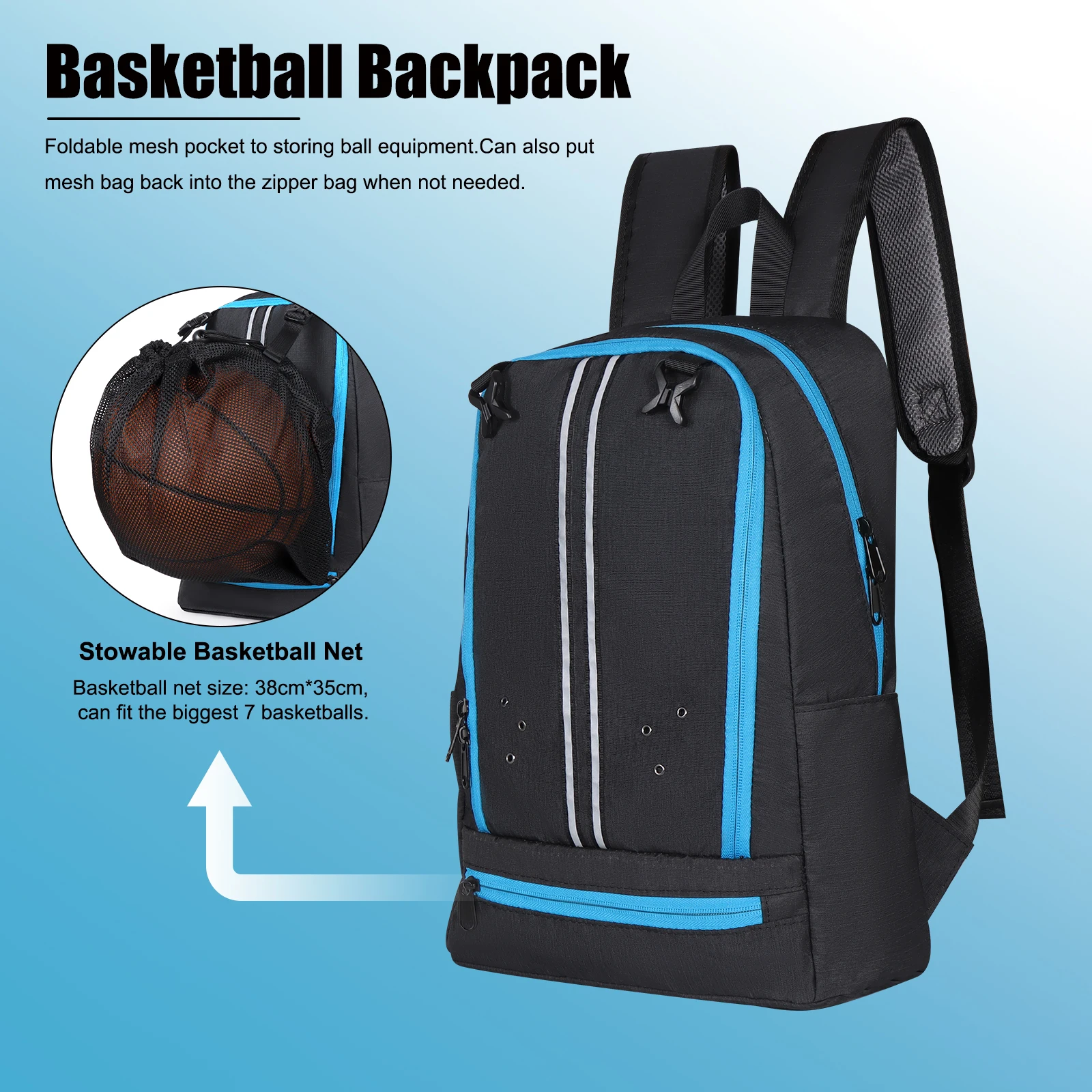 Large Capacity Outdoor Sports Backpack Lightweight Gym Travel Bag Separate Shoe Compartment Basketball Net Gear