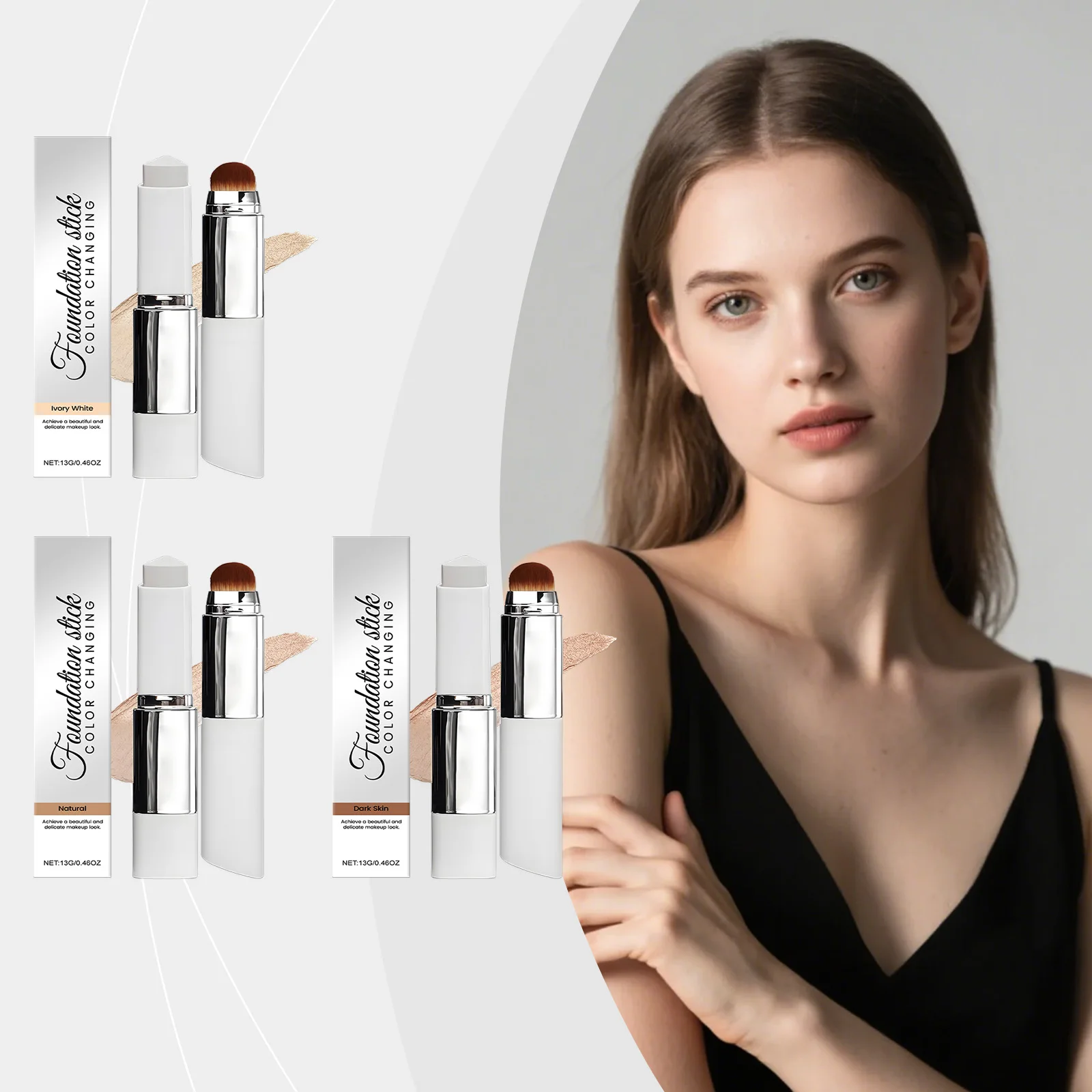 2-in-1 Color-Changing Foundation Stick High Coverage Stick Concealer Waterproof Sweatproof Creamy Texture Portable Quick Makeup