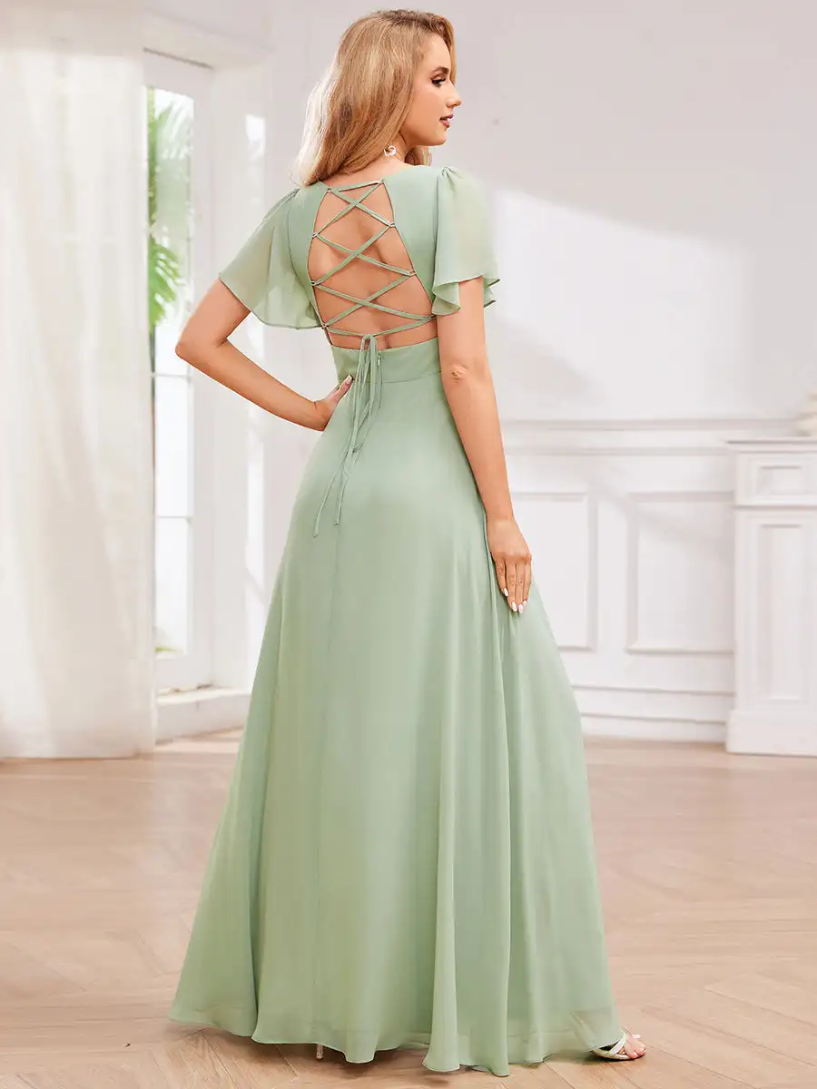 Elegant Evening Dresses Bandage Backless Ruffles Sleeve Floor Length 2024 Ever Pretty of Chiffon  Mint Green Bridesmaid dress