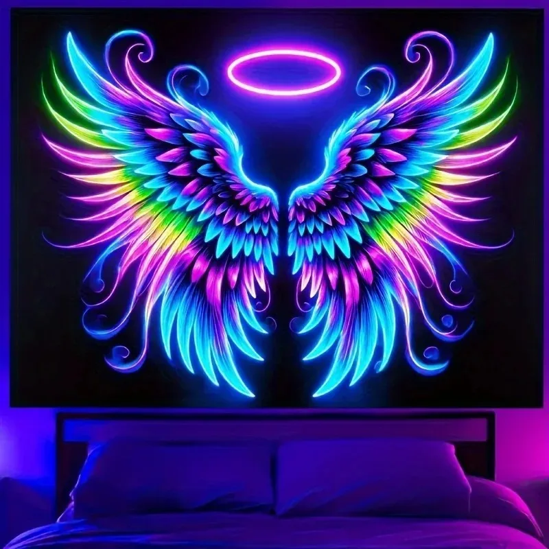 3D Neon Angel Wings Tapestry Requires UV Luminescence for Gaming Room, Bedroom, Living Room Decoration, Cool Luminous Decoration