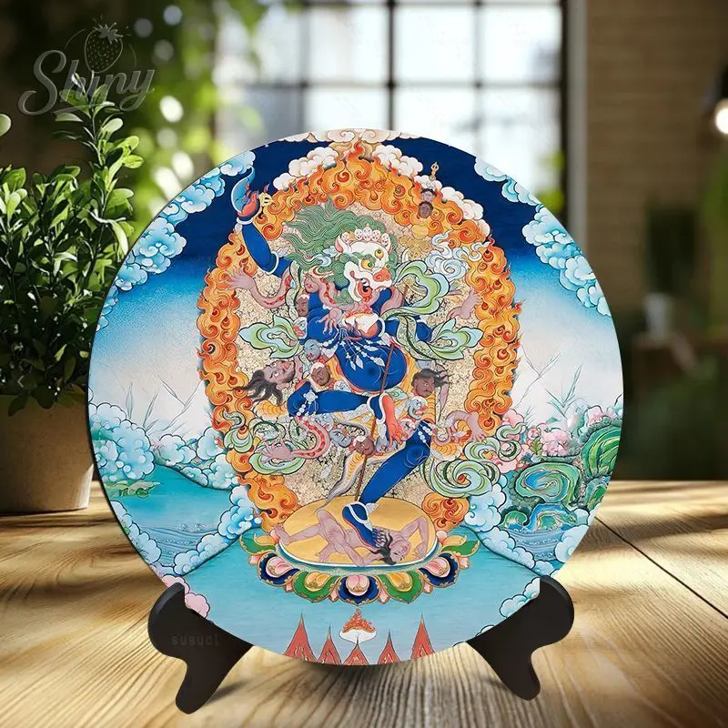 Tibetan Simhamukha Dakini Thangka Decorative Plate Buddhist Protector Deity Art for Home Shrine & Meditation