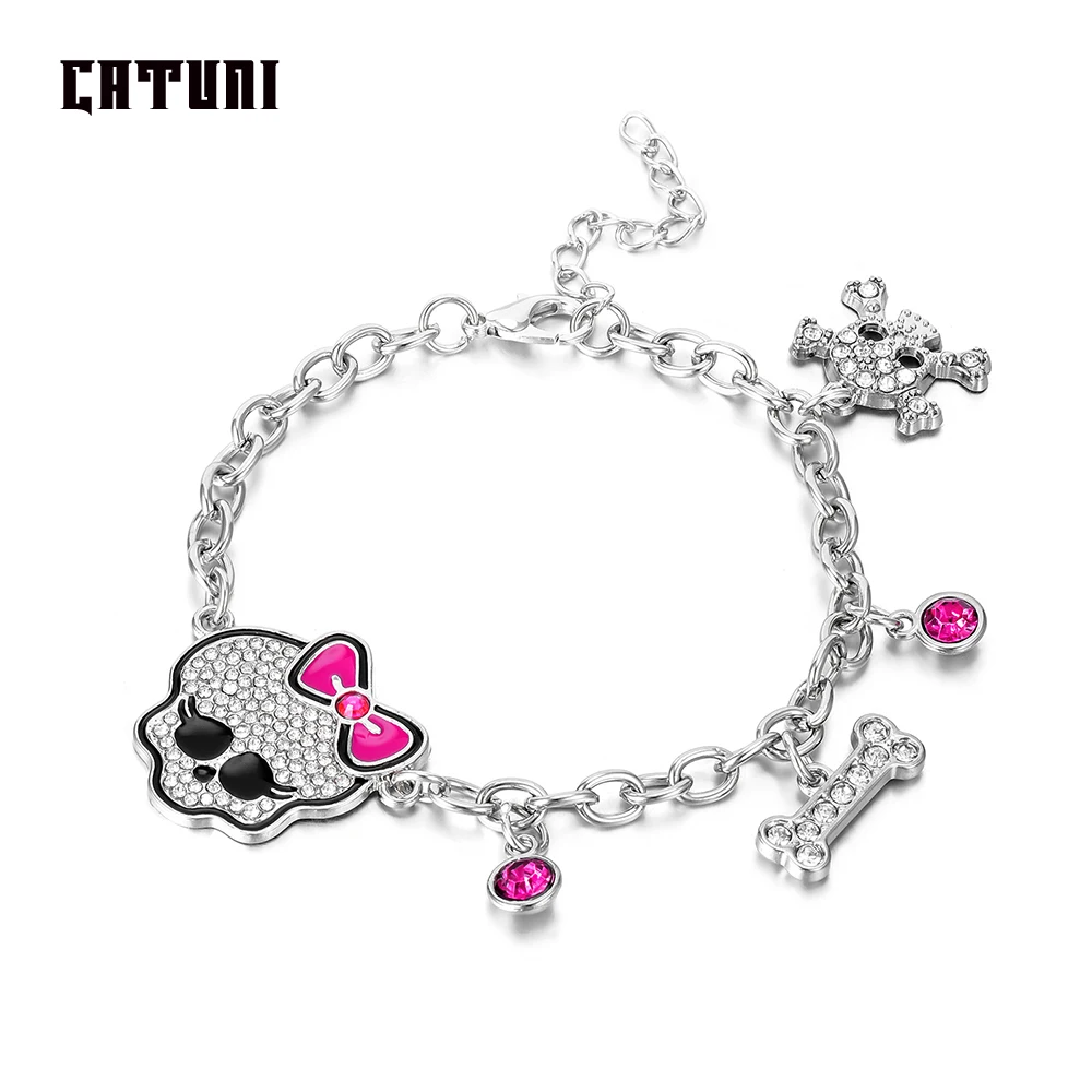 Catuni Pink Crystal Skull Bow Bracelet Punk Style Popular Jewelry Accessories Gift for Woman Girl