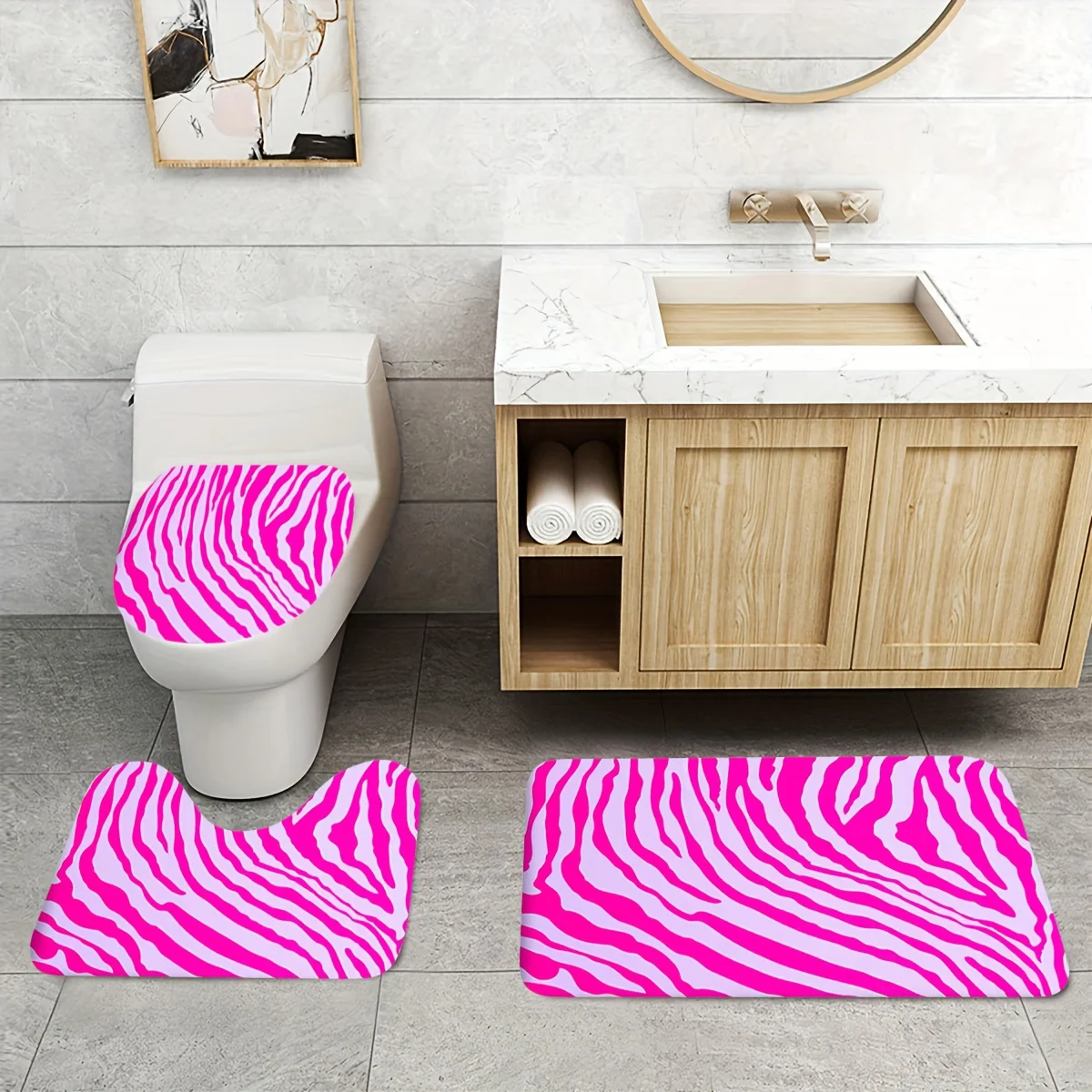 

3pcs Pink Zebra Print Bathroom Rug Set with Toilet Lid Cover and U-Shaped Mat, Soft Flannel Material, Thanksgiving Decor