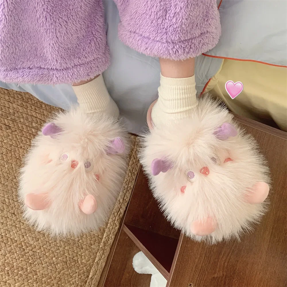 Autumn and winter girl pink little monster new plush cotton slippers women's winter home indoor fashion warm soft-soled slippers