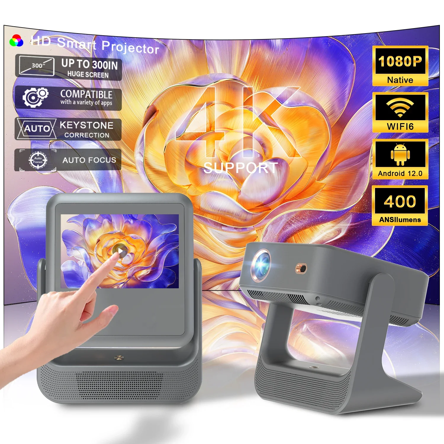 

Projector, 4K HD Portable Projector with WiFi, HDMI USB, Perfect for Dorm Room, Camping & Birthday Party Entertainment