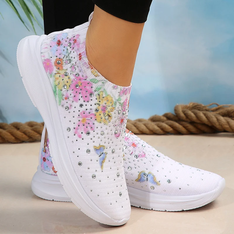 Zapatillas de deporte con estampado de malla para mujer, zapatos planos transpirables de punto con diamantes de imitación, cómodos, antideslizantes,