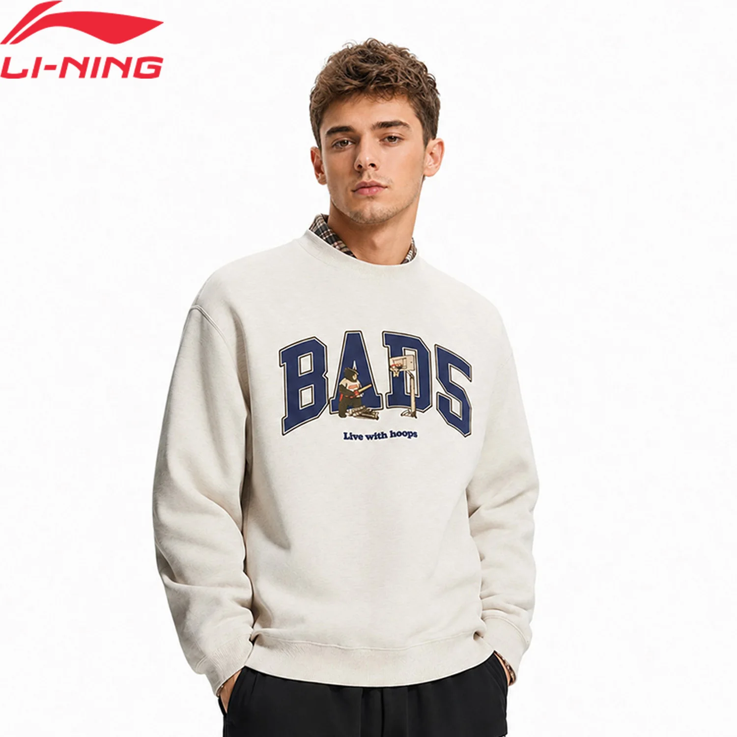 Li-Ning Men's BADFIVE Sweatshirt 64%Cotton 36%Polyester Loose Fit Round Neck Soft Comfortable LiNing Casual Pullover AWDW409