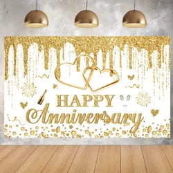 Happy Anniversary background Gold and white banner decoration, gold dripping glitter crystal photography background