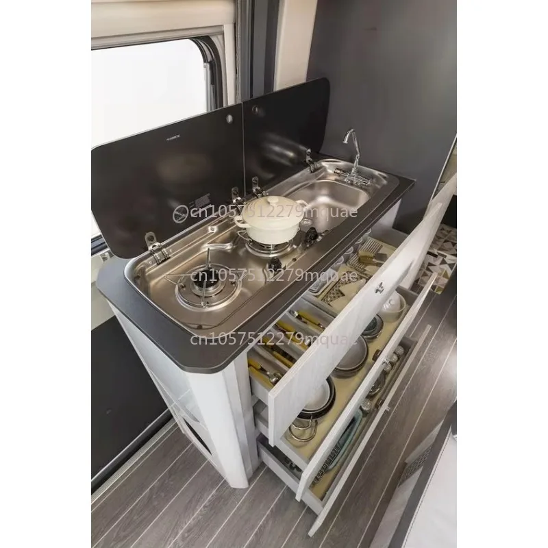 RV Sink Stove Trailer 304 Stainless Steel Basin Double Eye Gas Integrated Stove with Tempered FRP