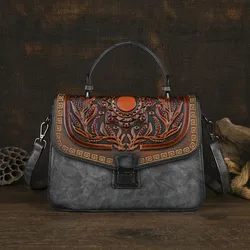 Johnature Handmade Embossed Women Leather Bag 2026 New Vintage Handbag Versatile Shoulder & Crossbody Bags