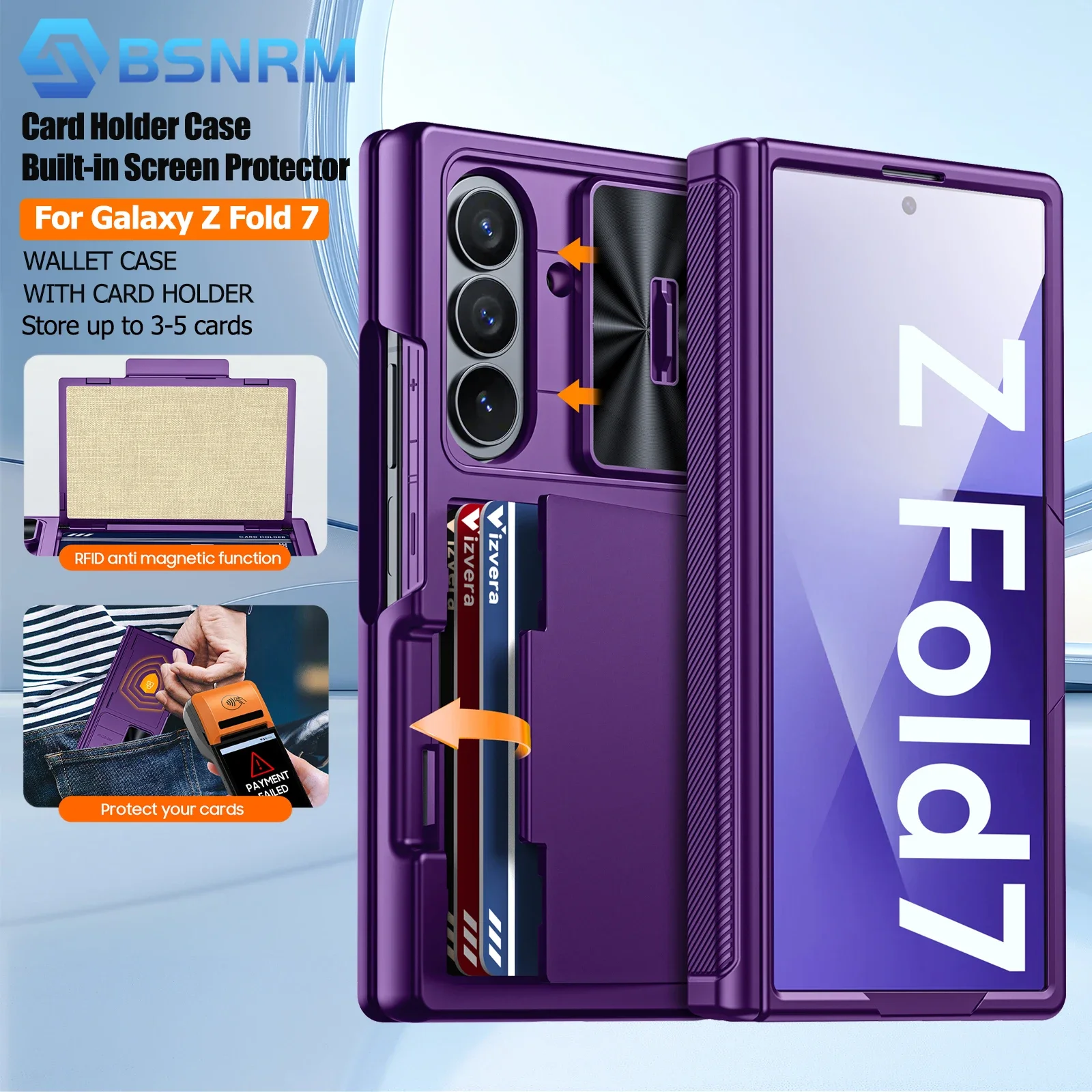 

Для Galaxy Z Fold 7, с держателем для карт, встроенной защитой от HD, защитой шарниров, слайд-крышкой для камеры, прочным чехлом-кошельком для телефона - фиолетовый