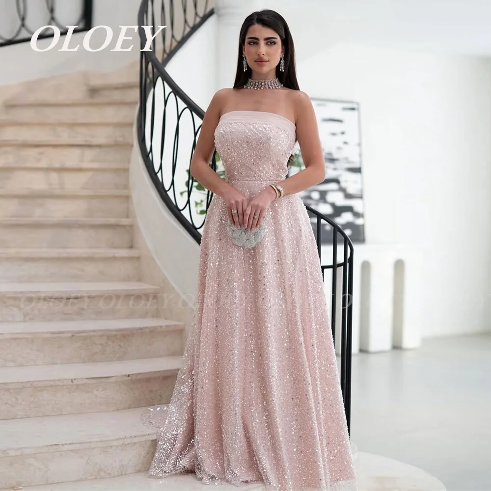 

OLOEY Customized Pink Sequins Strapless Evening Dress Arabic Modest robes de soirée Sleeveless A-line Party Gown Floor-Length