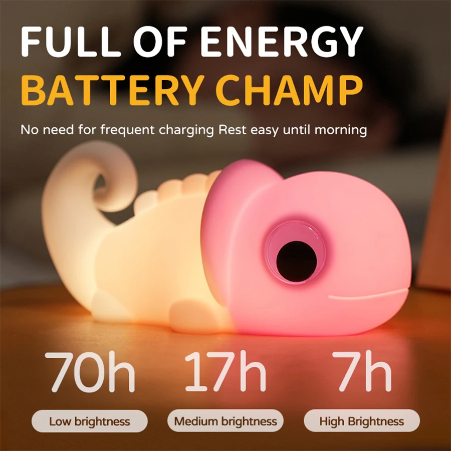 Cute Chameleon Night Light USB Rechargeable Silicone Lamp for Eye Protection and Soft Glow, Room Decor for Kids Reading Lamp
