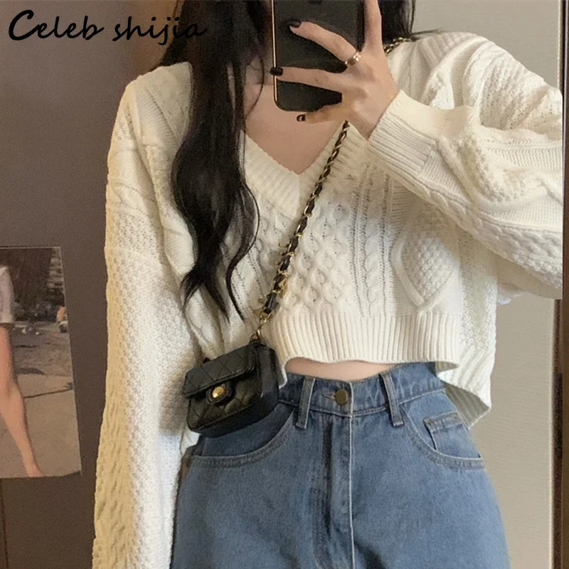 2023 Khaki Woolen Cropped Tops Women Autumn Winter Acrylic Elegant Sweater Female Long-sleeve Chic Warm Knitted Jumper Beige