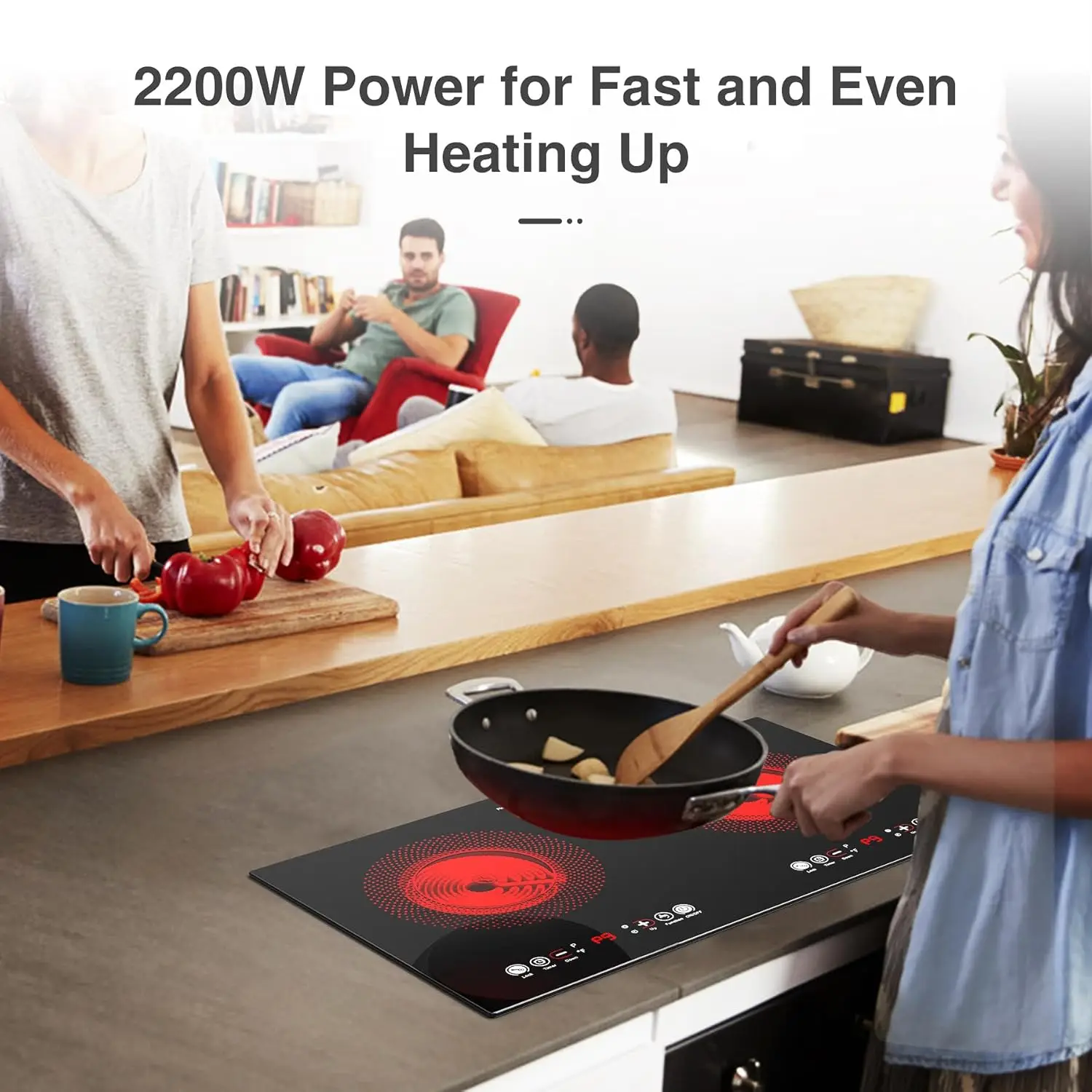 110V 24 inch 2 Burner Electric Cooktop,Built-in and Countertop Electric Stove Top,2200W Electric Stove,9 Power Levels, Kids Lock