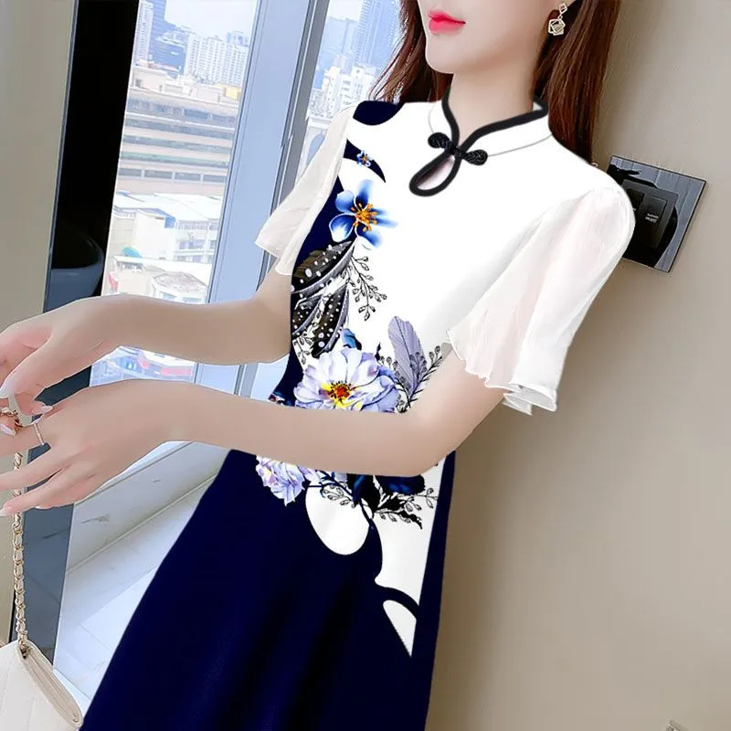 Saia Cheongsam de manga curta feminina, manga de lótus, fenda para melhorar o cheongsam, Qipao chinês, estampa temperamentada, elegante vestido nobre, novo, 3139