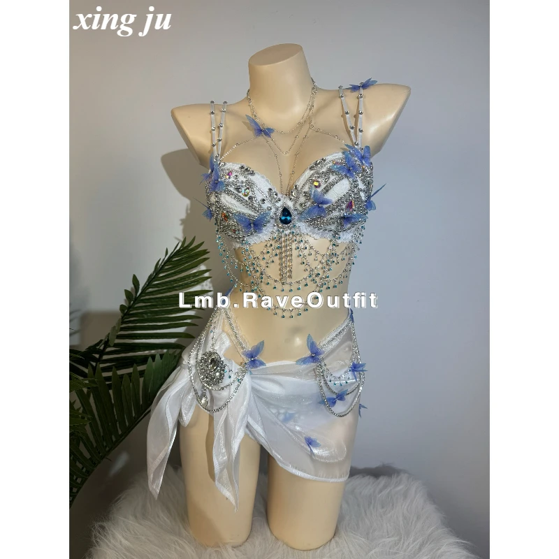 Xing Ju Damen Luxus Schmetterlingsketten Sling-Tops und Shorts Set für Party, Musikfestival, Nachtclub, DJ, Sänger, Bühnenauftritt Kostüm