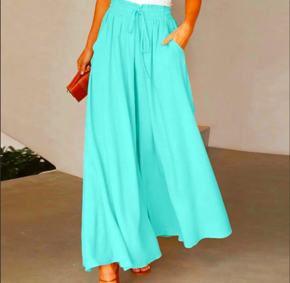 Sommer-Damenhose mit Weitem Bein und Elastischem Bund, Locker Sitzende Hochtaillierte Lange Rockhose, Lässig