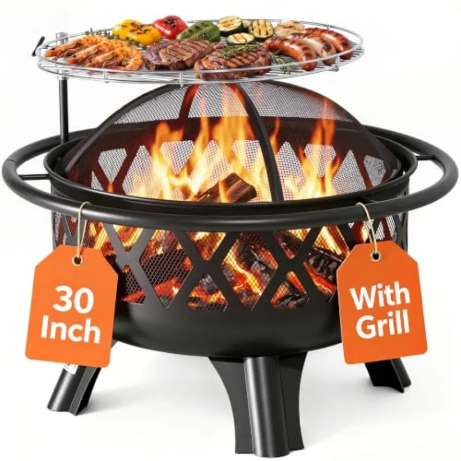 Outdoor wood burning fire pit for backyard use, steel construction, black finish, rust-resistant and portable design