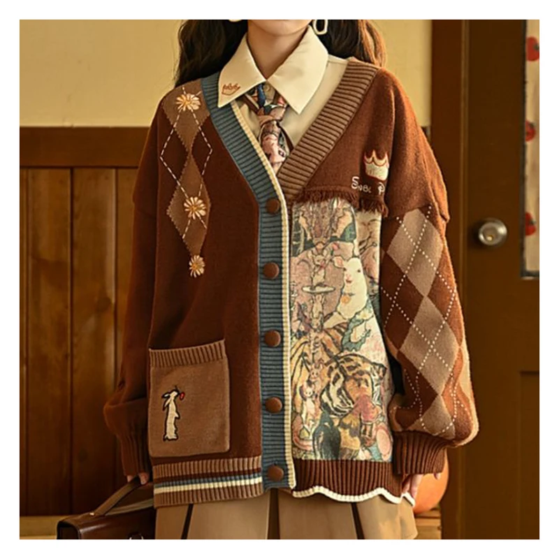 Brown sweater women's knitted cardigan embroidery college style loose jacket women's contrasting color anime sweet print