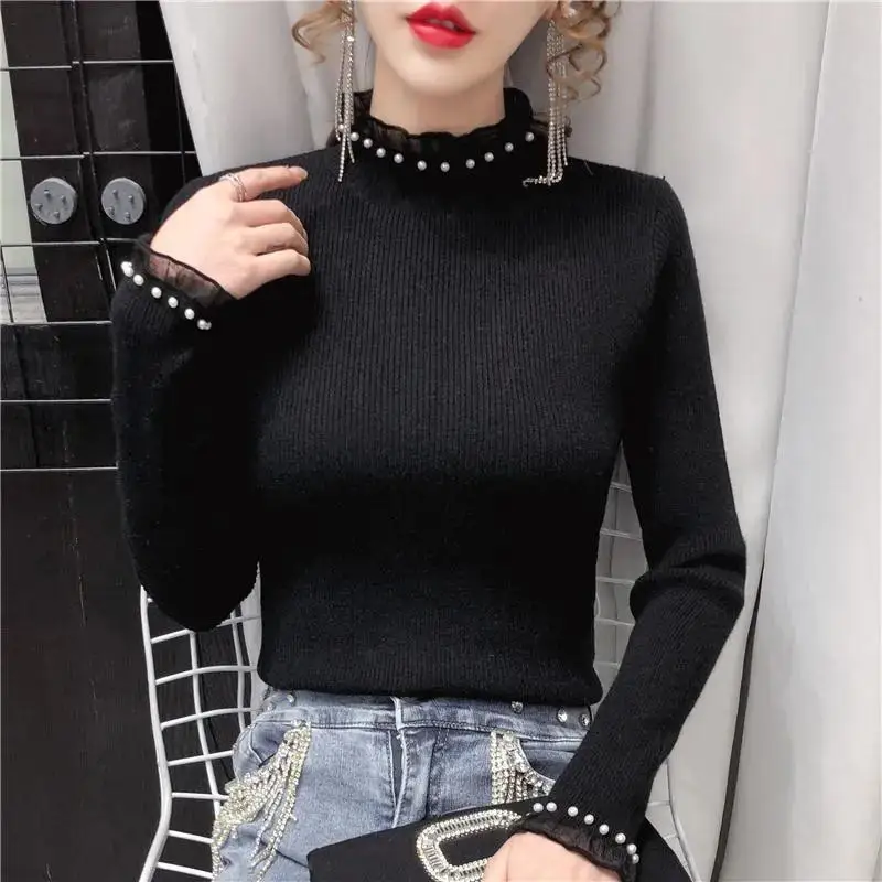 Half High Neck Sweater Women Autumn/winter Inner Wear Sweater Long Sleeved Knit Tops Nail Bead Lace Slim Fit Knit Pullover 31233