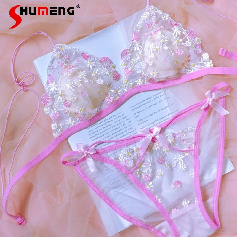 

Ultra Thin Triangle Cup Underwear for Girls French Style Sexy Pure Desire Intimates Female Strap Lace Backless Bra Set Wireless