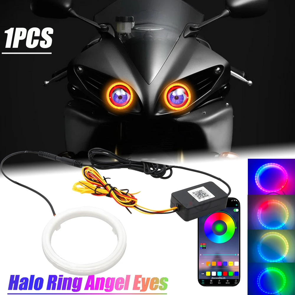 12V 24V Motorcycle RGB Angel Eyes Halo Rings Lights with Turn Signal Lights APP Bluetooth LED Motorcycle Retrofit DRL Headlight