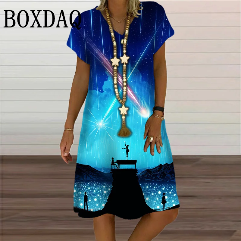 Tie Dye Gradient Dress Women Dream Starry Sky 3D Printed Dress Summer Casual Street Short Sleeve V-Neck Loose Dress Fashion 2024