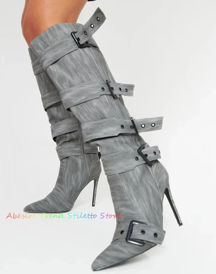 

Grey Stiletto Heels Buckle Knee High Boots Pointy Toe High Heel Side Zipper Fashion Booties Runway Party Shoes for Women