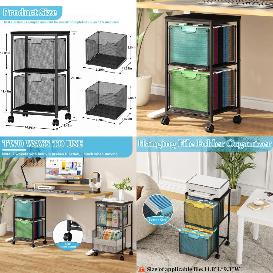 

Rolling File Cart with 2 Storage Drawers Under Desk Storage Hanging File Folder Organizer with Wheels Printer Stand Utility Cra