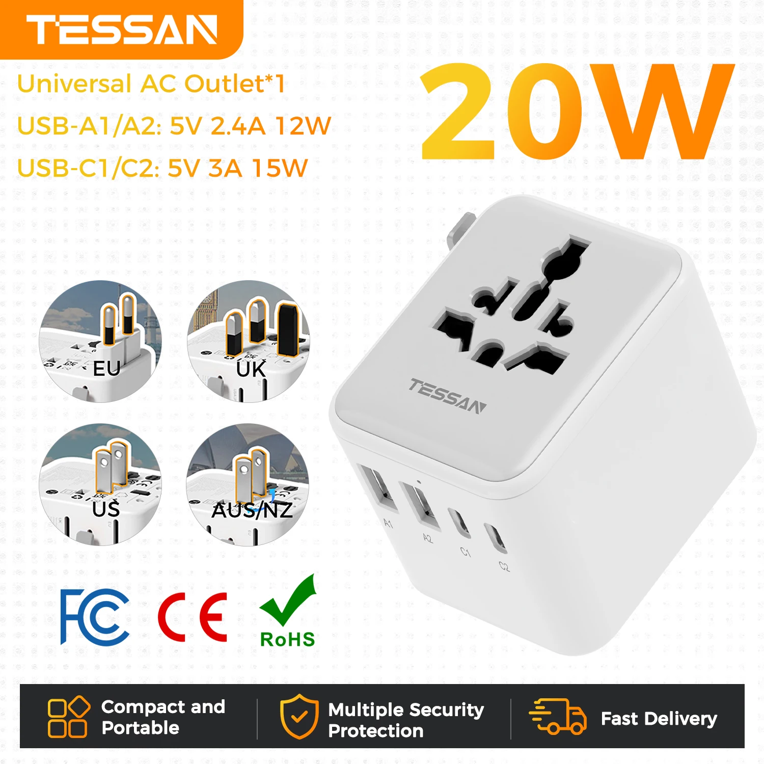 TESSAN 65W GaN universele reisadapter met USB-A+Type-C, alles-in-één 20W/28W adapter, snelladen, EU, UK, USA, AUS stekker voor reizen