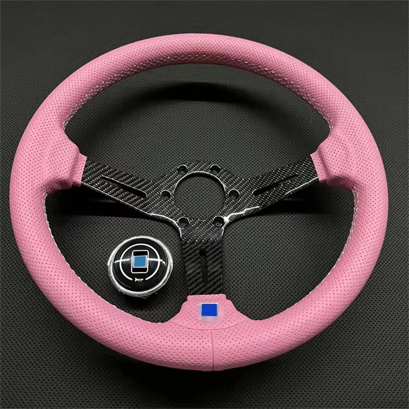 High Quality 350MM Microfiber Perforated Leather Racing Steering Wheel PCD 74MM Simulation Steering Wheel With Wrapped Carbon Br