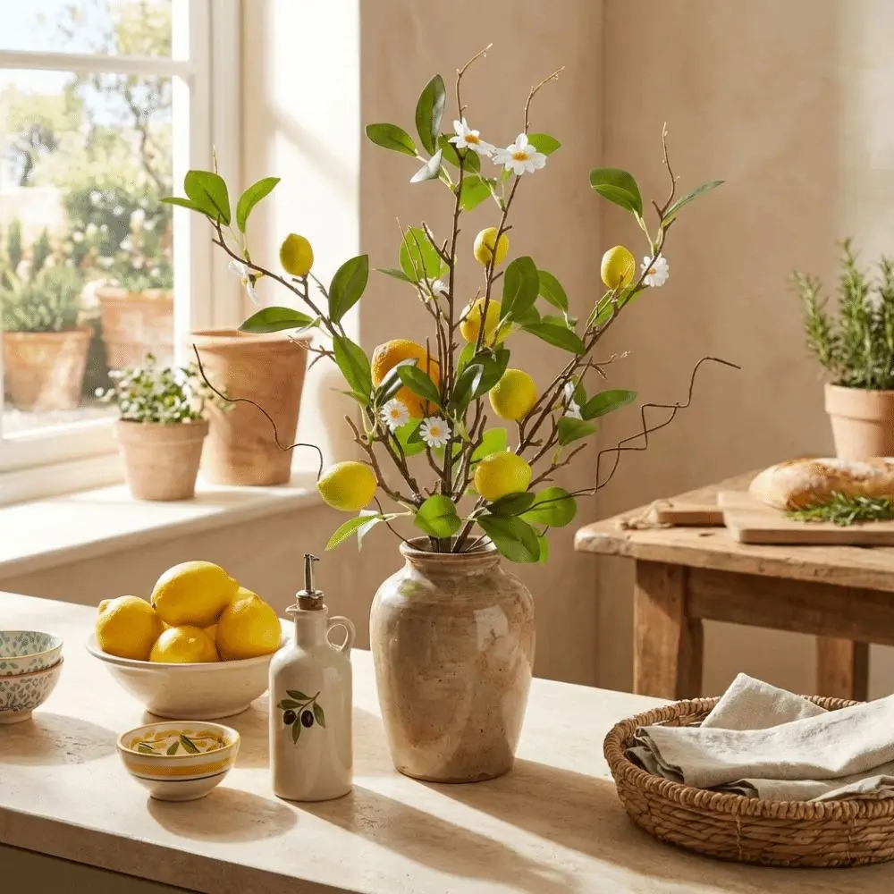 

Plastic Artificial Lemon Branch with Flower Green Leaves Lemon Fruit Branch Faux Lemon Realistic Simulated Fruit Tree