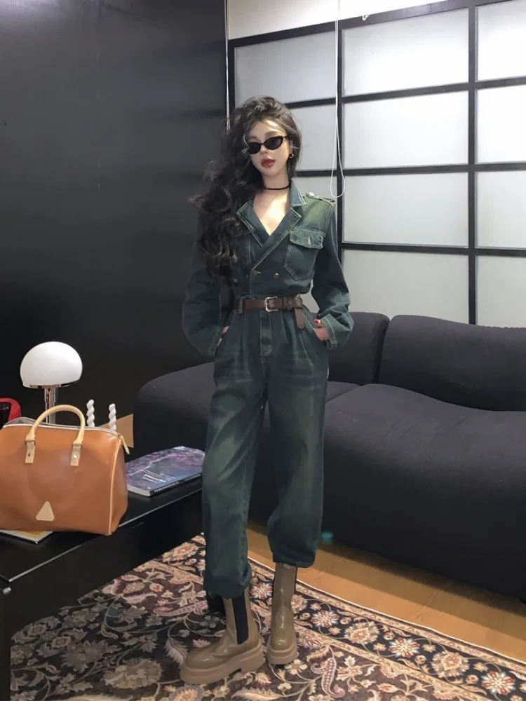 

Retro Denim Jumpsuit Women Spring New Fashion Overalls High-end Slim Waist Stylish Rompers Women Cargo Pants Female Clothing