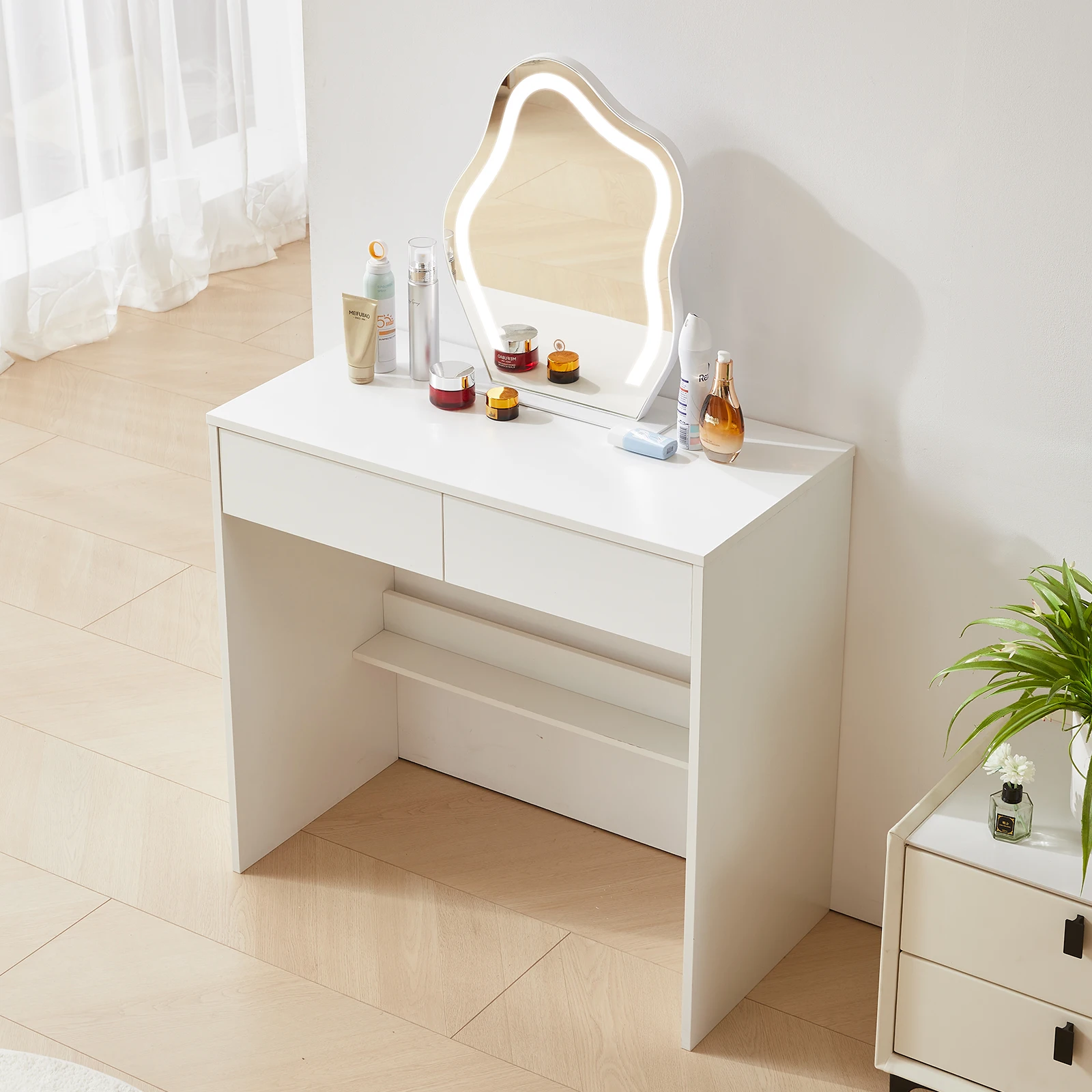 Dresser Set with Mirror and Light Strip, White Makeup Dresser with 2 Drawers, Modern Small Dresser, Women's Dresser and Girl's