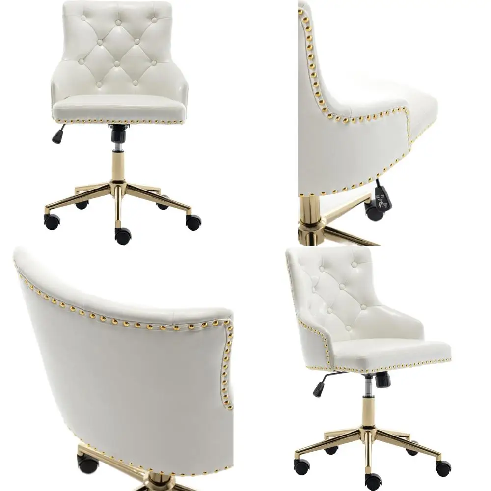 

Adjustable Tufted White PU Leather Office Chair with Gold Base and Nail Trim for Home and Study Desk