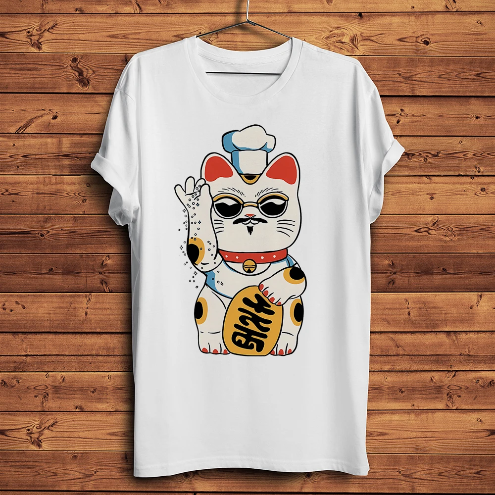 Lucky Chef Cook Maneki Neko Cat Funny meow TShirt Homme O-neck Short T Shirt Streetwear Unisex Tee breathable print
