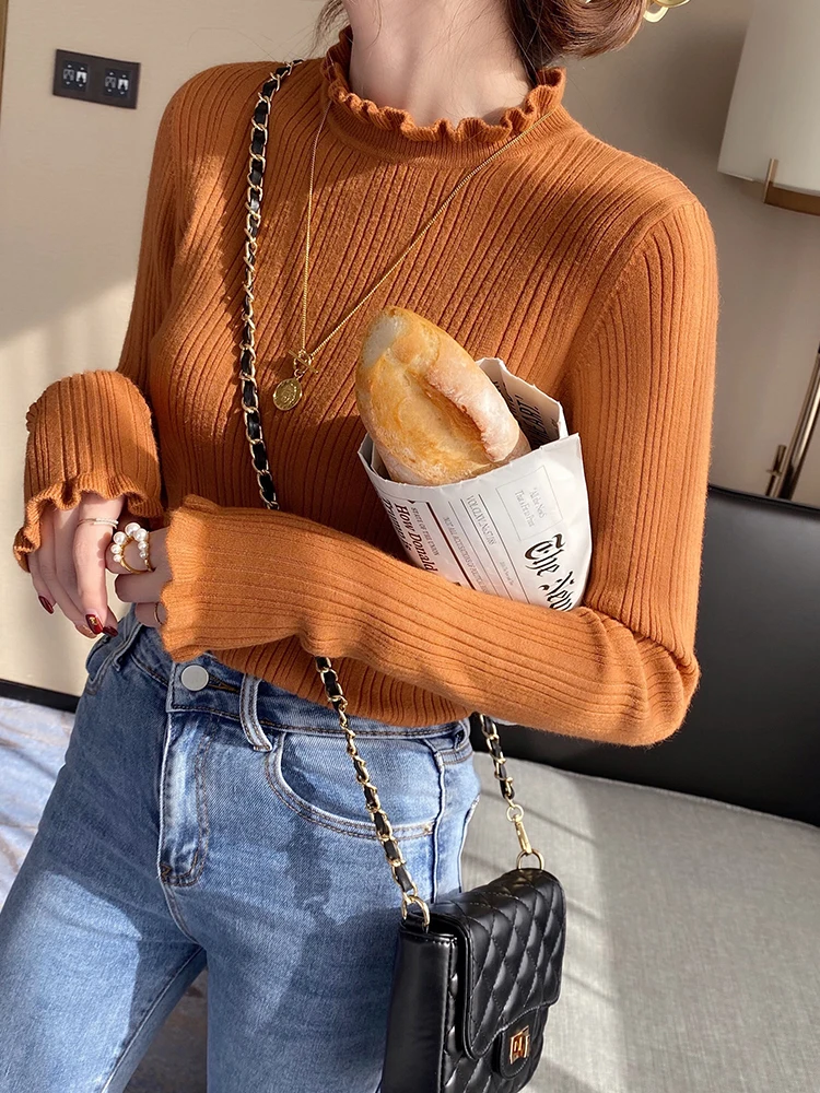 Mock Neck Women Sweater Ruched Solid 2022 Autumn Winter Fashion Sweater Women Slim Casual Knitted Pullovers Pink White