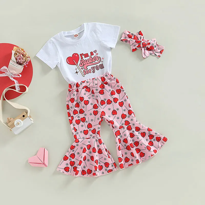 Girls Valentine s Day Outfit Heart Print Top with Ruffle Pants and Matching Headband Set for Little Princesses