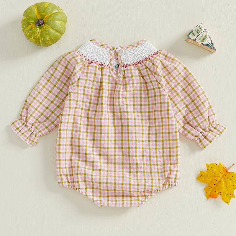 Baby Girls Thanksgiving Romper Turkey Embroidered Plaid Long Sleeve Jumpsuits for Newborn Infant Toddler Fashion Clothes image 3