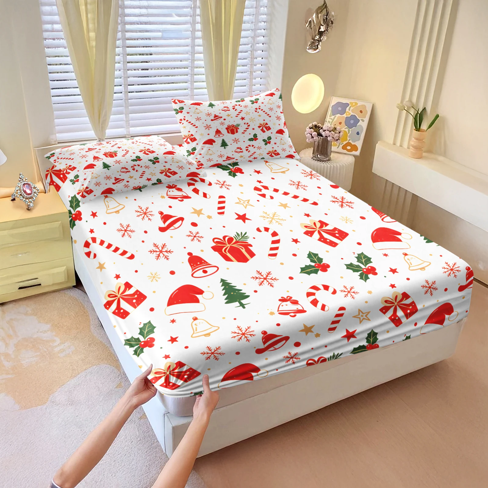Christmas Fitted Sheet Set Santa Hat Candy Cane Gift Box Bell Print Elastic Mattress Cover With Pillowcases Xmas Holiday Bedding